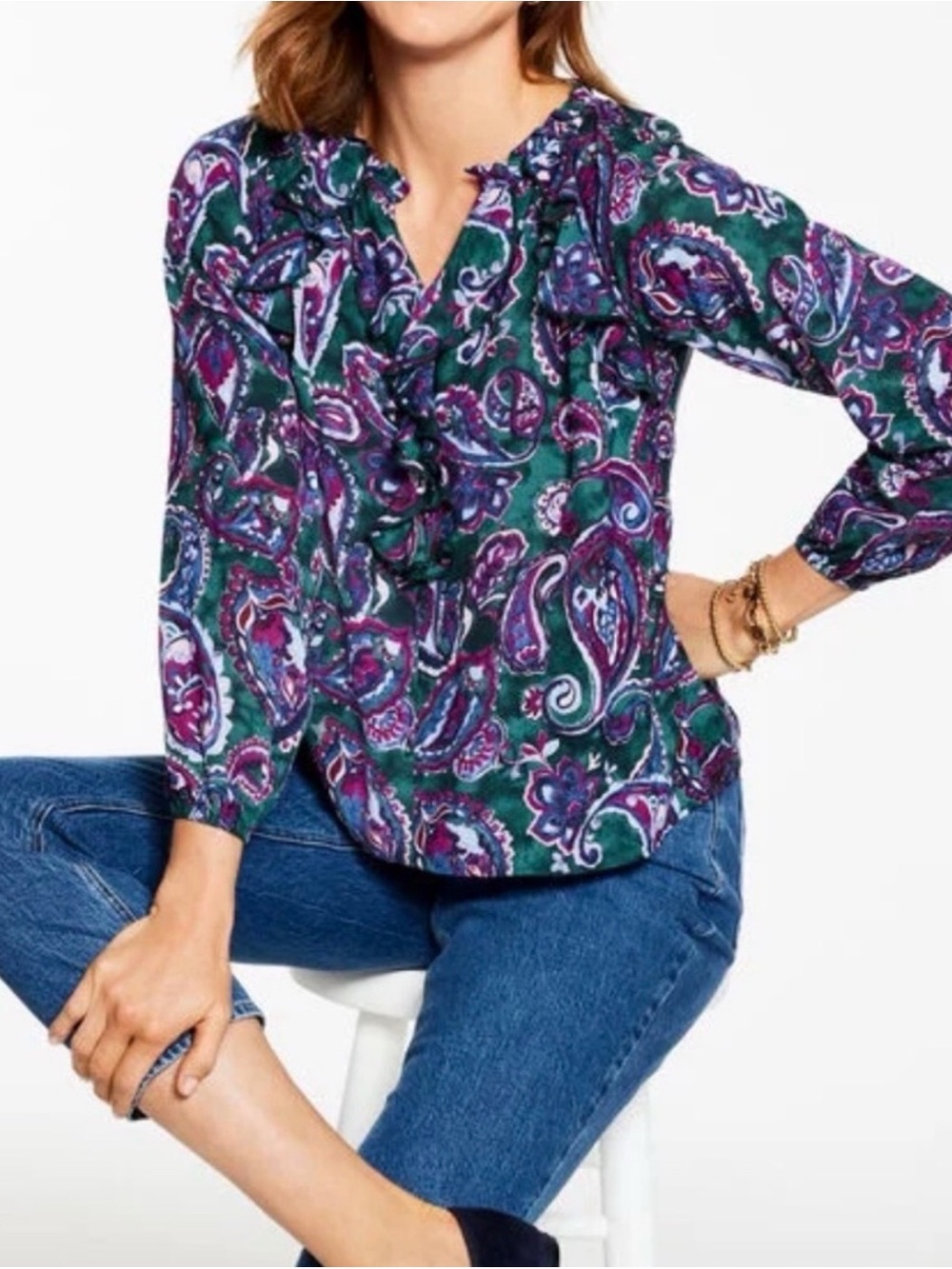 Talbots Petite Ruffle Blouse Paisley Print Long Sleeve V-Neck XS